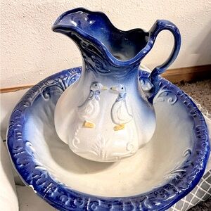Blue and White Ceramic Pitcher and Basin Set